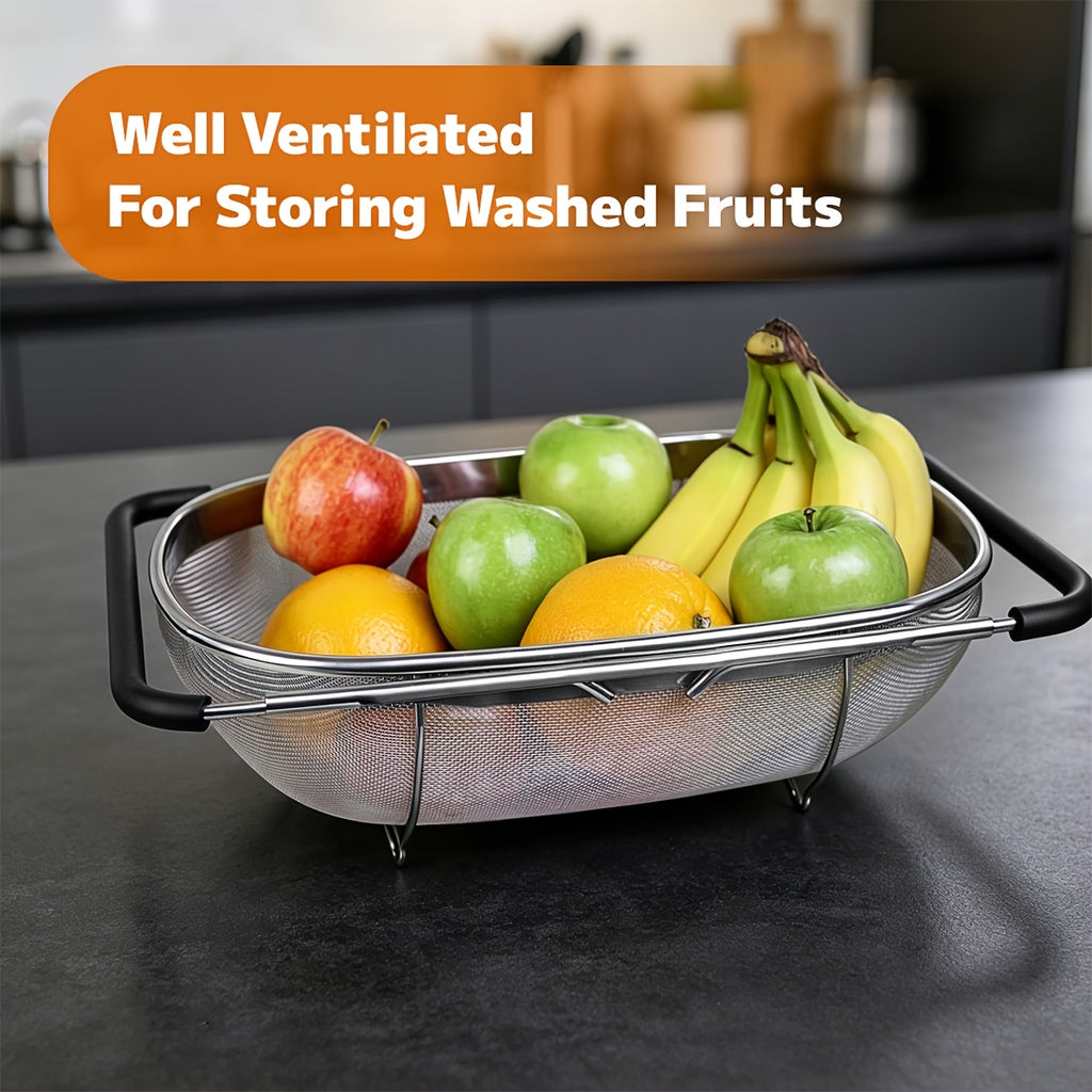 Expandable Over-the-Sink Stainless Steel Colander Strainer Basket – Fine Mesh with Rubber Grip for Draining Vegetables, Fruits & Pasta, Adjustable Sink Strainer, Small or Large