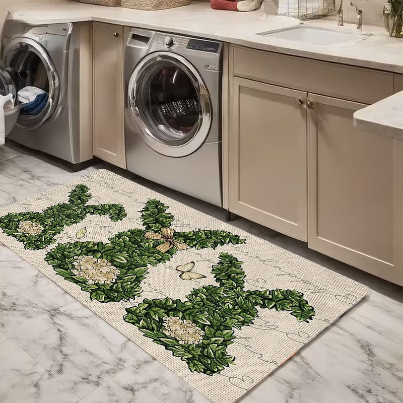 1pc Indoor Entrance Welcome Doormat Outdoor Mat Green Bunny Topiary with Bow and Butterfly Print Pattern Flannel Material Nonslip Comfortable Easy Clean Perfect for Bedroom Living Room or Home Decor Door Mat Ideal Gift for Friends & Family Easter