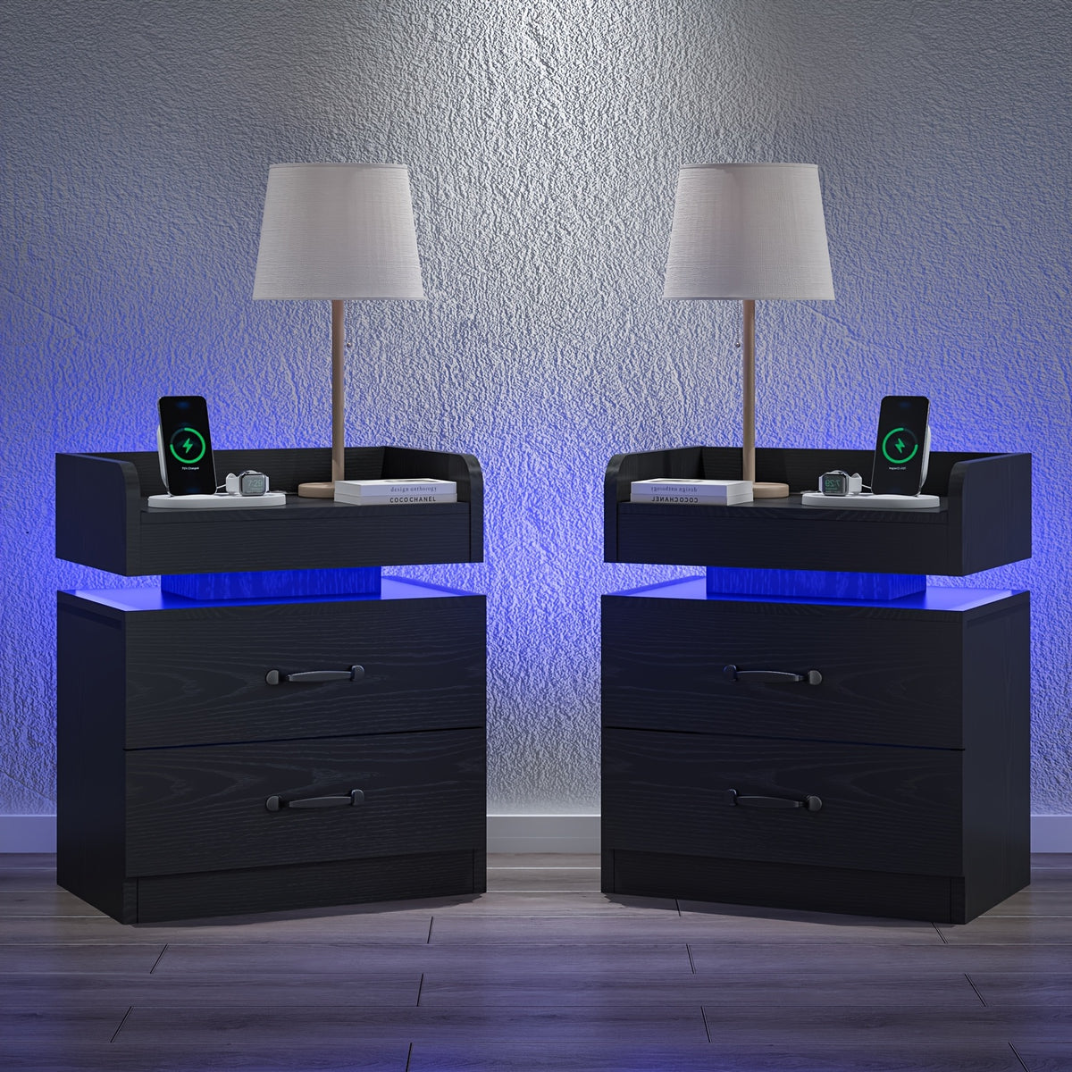 Nightstand with Charging Station LED Lights and 2 Drawers Bedside Table for Bedroom Living Room White Black Grey 1pc or 2pcs Set