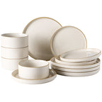 12-Piece Stoneware Dinnerware Set for 4 – Reactive Glaze Plates & Bowls, Lead-Free, Microwave & Dishwasher Safe, Raised Stripe Edge Design (Cappuccino White or Vanilla White)