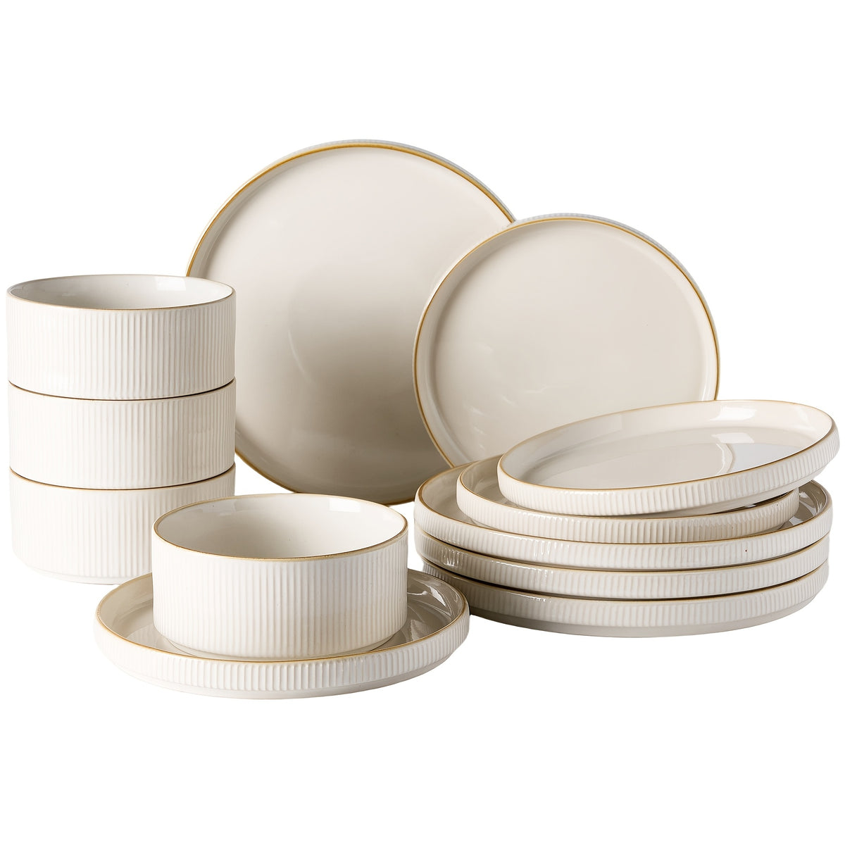 12-Piece Stoneware Dinnerware Set for 4 – Reactive Glaze Plates & Bowls, Lead-Free, Microwave & Dishwasher Safe, Raised Stripe Edge Design (Cappuccino White or Vanilla White)