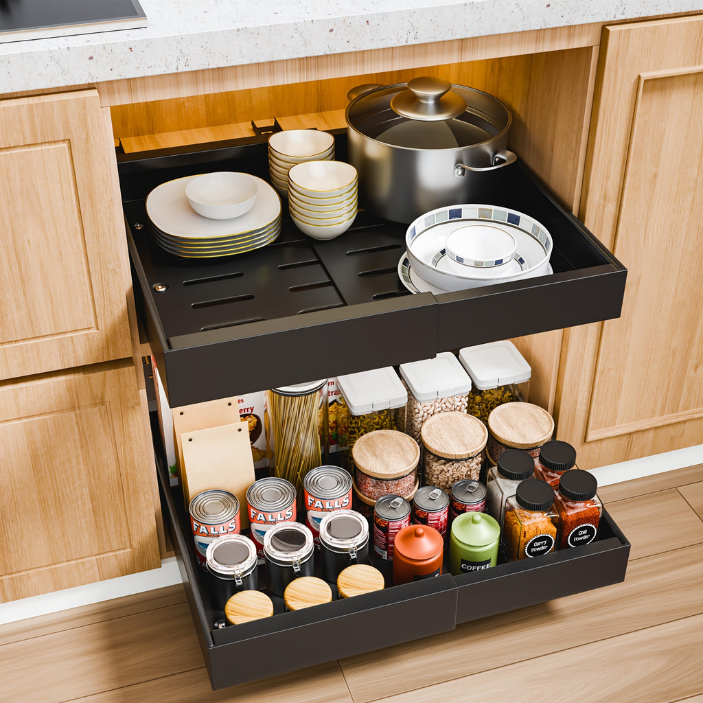 Sliding Cabinet Organizer Set of 4 – Carbon Steel Pull-Out Drawer Baskets with Expandable No-Drill Rolling Shelves for Kitchen Cabinet, Under-Sink Storage, Pantry & Refrigerator Shelf Organizer