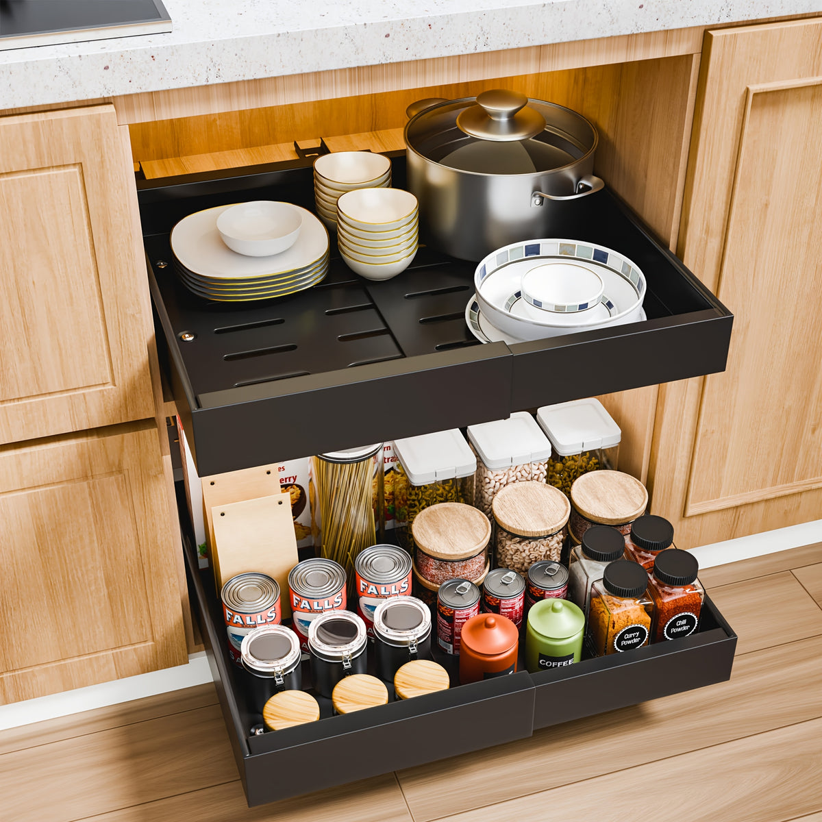 Sliding Cabinet Organizer Set of 4 – Carbon Steel Pull-Out Drawer Baskets with Expandable No-Drill Rolling Shelves for Kitchen Cabinet, Under-Sink Storage, Pantry & Refrigerator Shelf Organizer