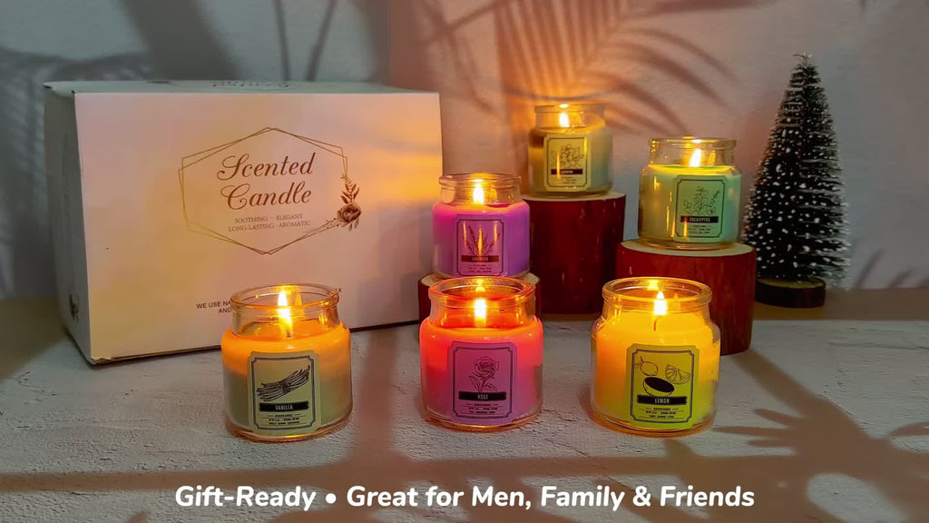 6-Piece Soy Scented Candle Set 120 Hour Burn – Jasmine Eucalyptus Lavender Vanilla Rose Lemon 3.5oz Each, Aromatherapy Home Fragrance Gift for Thanksgiving Christmas Mother’s Day