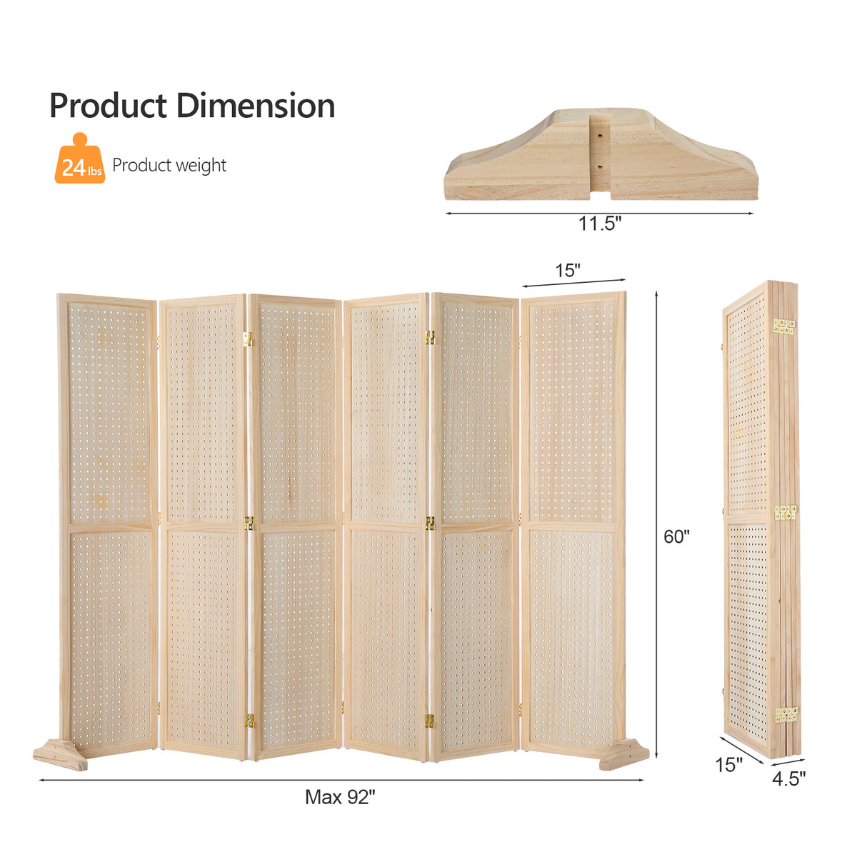 5 FT Freestanding Pegboard Room Divider | Wood Folding Privacy Screen & Display Board Organizer with Support Feet – White, Black, Natural, Grey | Craft Shows, Retail & Home