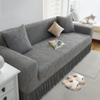 Luxury Skirted Sofa Cover Full Coverage Stretch Velvet Slipcover – Anti-Slip Pet-Friendly Couch Protector for 1/2/3/4-Seater, Soft Warm Furniture Cover in Navy Blue & Charcoal Gray for Winter Christmas Home Decor