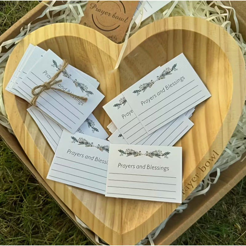 Wooden Heart Prayer Bowl & 30 Prayer Card Set Handcrafted Retro Decorative Bowl with Carved Cross – Christian Home Decor Easter Religious Gift for Prayer Room, Kitchen & Living Space