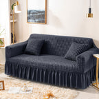 Velvet Jacquard Sofa Cover Ruffle Detail – Non-Slip Dustproof Soft Breathable Slipcover, Machine Washable All-Season, Polyester Spandex, 1/2/3/4 Seater, Grey