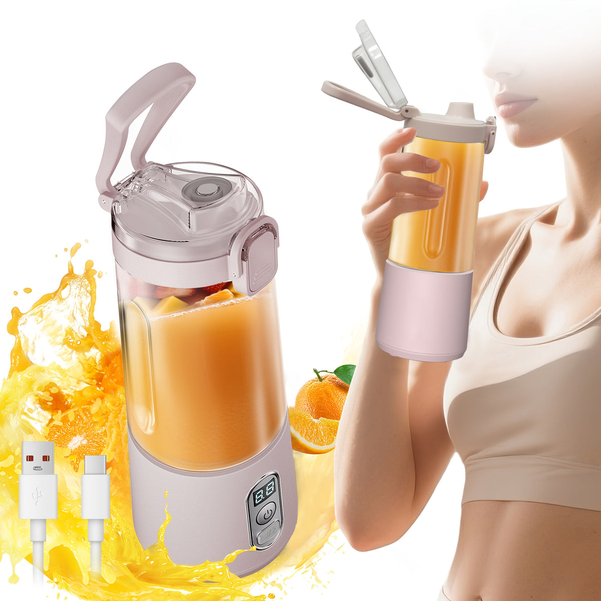 Portable Blender USB-C Rechargeable 6-Blade Stainless Steel – Ice Crush Smoothie Maker with Digital Timer, Battery Display & No-Spill Lid for Gym, Travel & Protein Shakes, Pink or White
