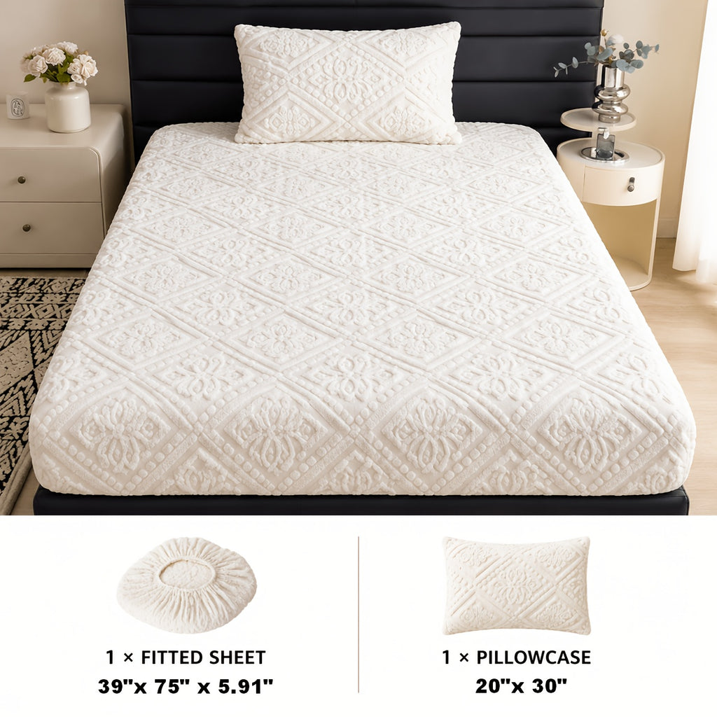 Embossed Fitted Sheet Set Super Soft Deep Pocket - European Texture Bed Sheets All Season, Machine Washable, Optional Pillowcases, Twin Full Queen King Sizes, 5 Colors Bedroom Bedding