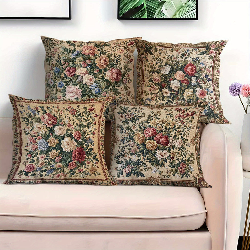Vintage Floral Pillow Covers Set of 4 | Soft Decorative 18x18 Inch Cushion Cases with Zipper for Living Room Bedroom Porch Patio Office — Classic Botanical Print