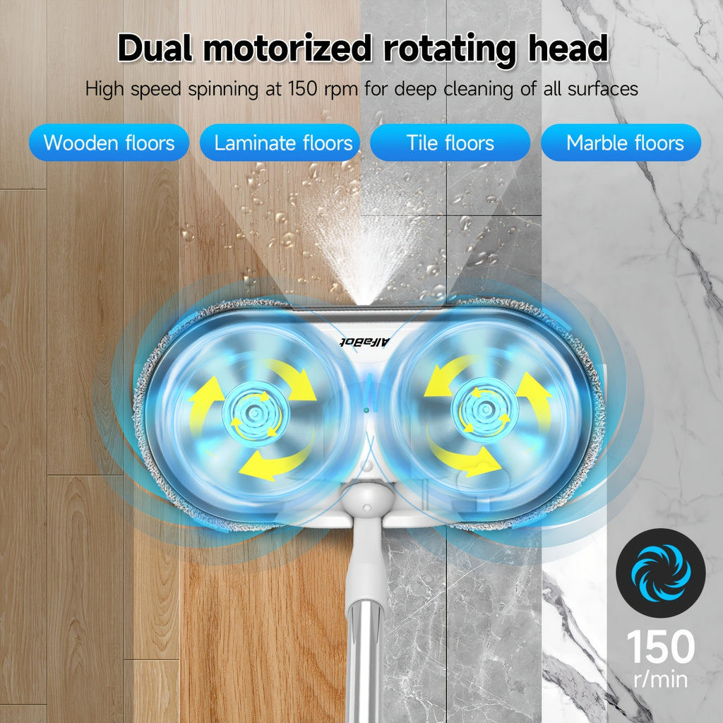 Electric Cordless Spin Mop Dual Motor 150RPM with LED Headlight Water Spray Tank Floor Cleaner for Hardwood Tile Marble Quiet Rechargeable Waxing Scrubber