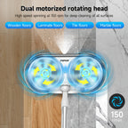 Electric Cordless Spin Mop Dual Motor 150RPM with LED Headlight Water Spray Tank Floor Cleaner for Hardwood Tile Marble Quiet Rechargeable Waxing Scrubber