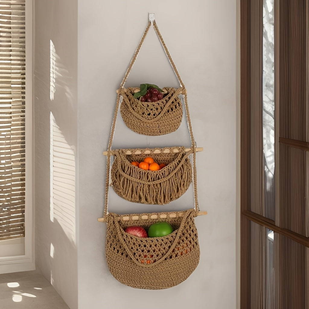 3-Tier Hanging Cotton Rope Basket - Boho Handwoven Wall Storage Organizer for Fruits, Vegetables & Essentials, Farmhouse Decor for Kitchen, Bathroom, Living Room & Bedroom