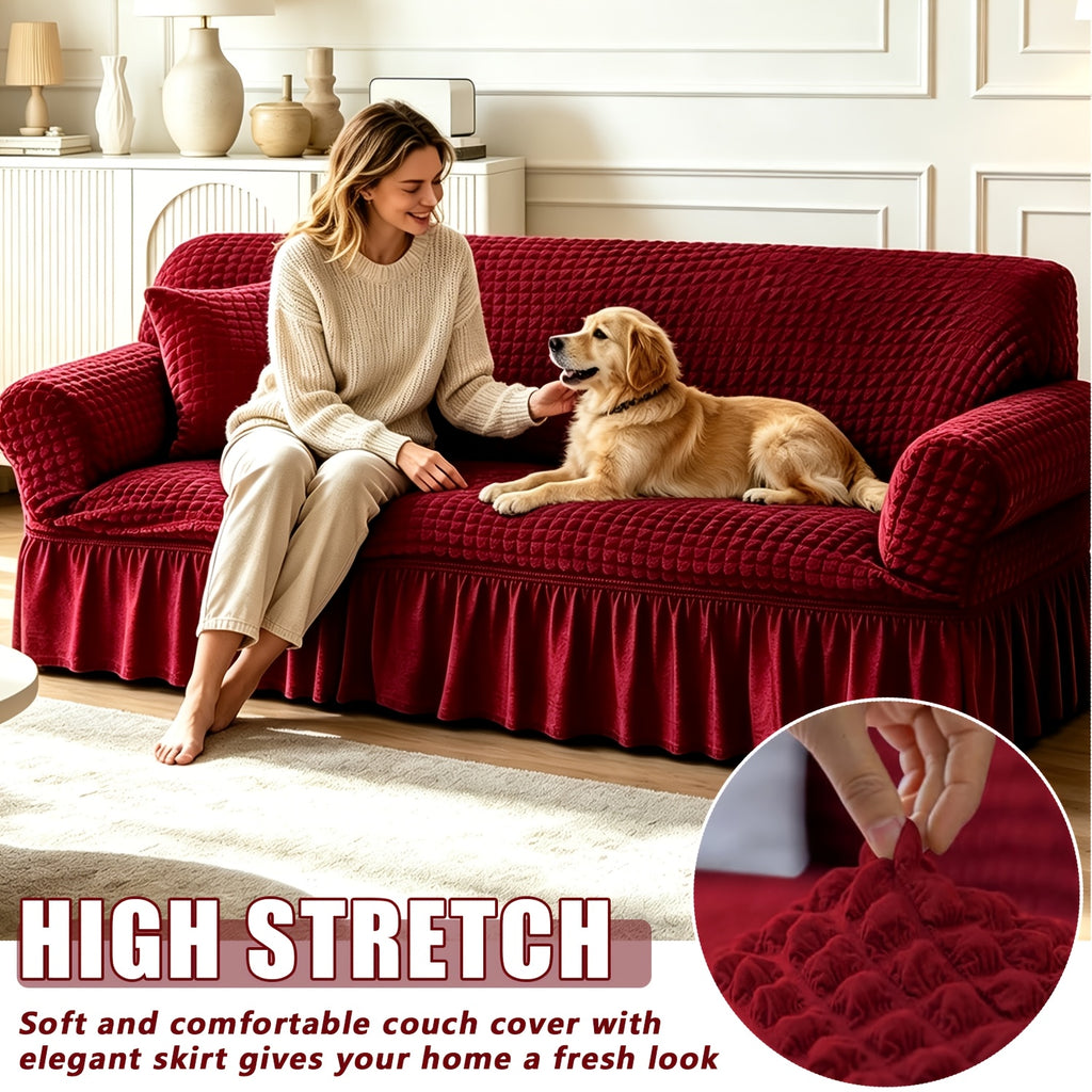 Seersucker Sofa Cover All-In-One Stretch Slipcover – Elastic Band Polyester Spandex Machine Washable Couch Protector for Armchair Loveseat 1 2 3 4 Seater Solid Color