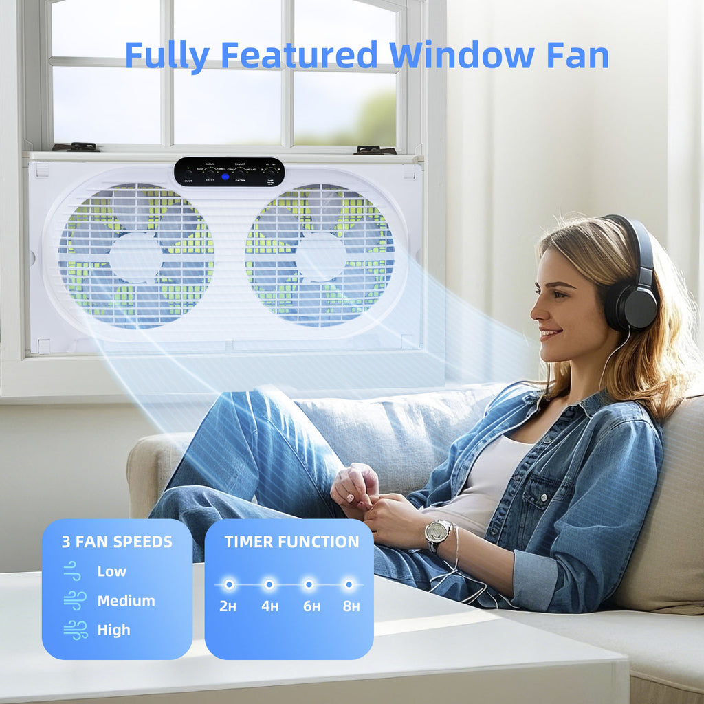 Twin Window Fan 9 Inch Dual Fan with Expanders 3-Speed Remote or Manual Control for Home Kitchen Bedroom Office