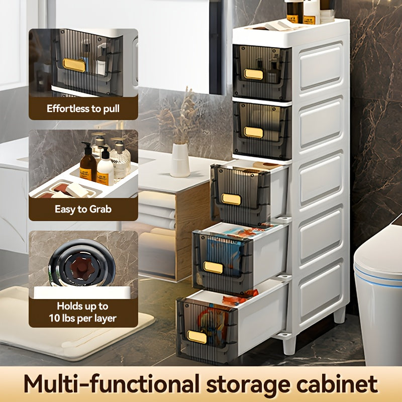 Slim Rolling Storage Cabinet with Drawers – Narrow Gap Organizer for Bathroom, Kitchen & Refrigerator Side Spaces, Multi-Layer Pull-Out Drawer Unit