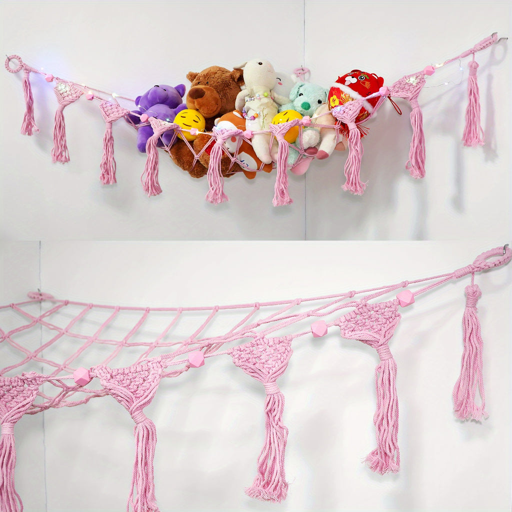 Stuffed Animal Storage Net with LED Lights – Corner Hanging Plushie Organizer for Kids Bedroom & Nursery, Jumbo Doll Net Room Decor, Holiday Gift for Children