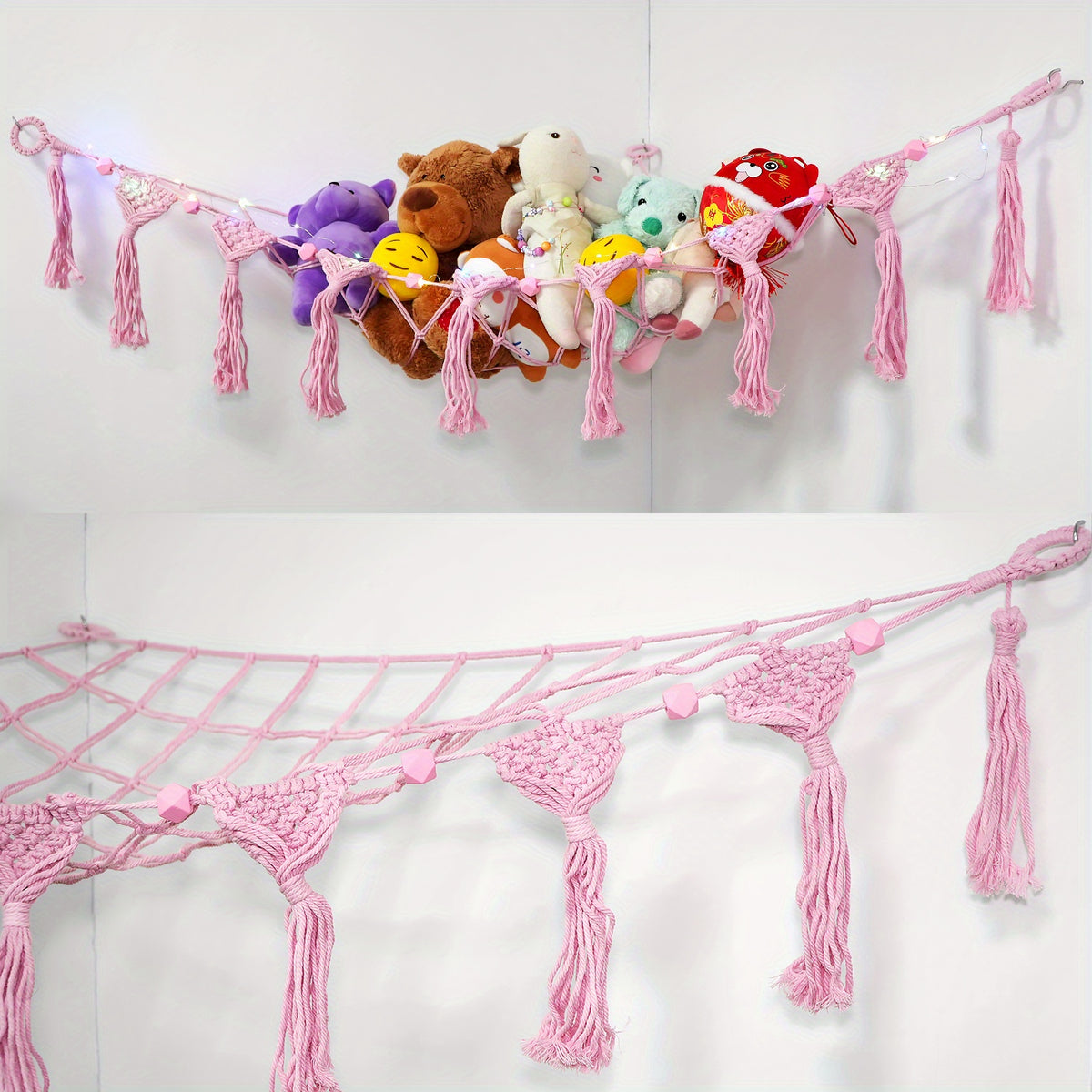 Stuffed Animal Storage Net with LED Lights – Corner Hanging Plushie Organizer for Kids Bedroom & Nursery, Jumbo Doll Net Room Decor, Holiday Gift for Children