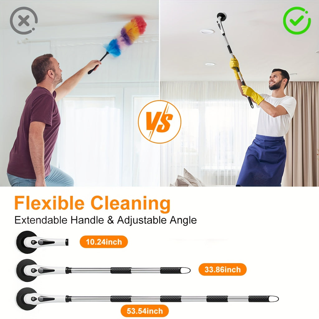 PRASKY Electric Spin Scrubber IPX8 Waterproof with LED Display – 9 Brush Heads, Adjustable 10–54" Handle, 2 Speeds, 90-Min Cordless Power Scrubber for Bathroom, Shower, Tile & Floor