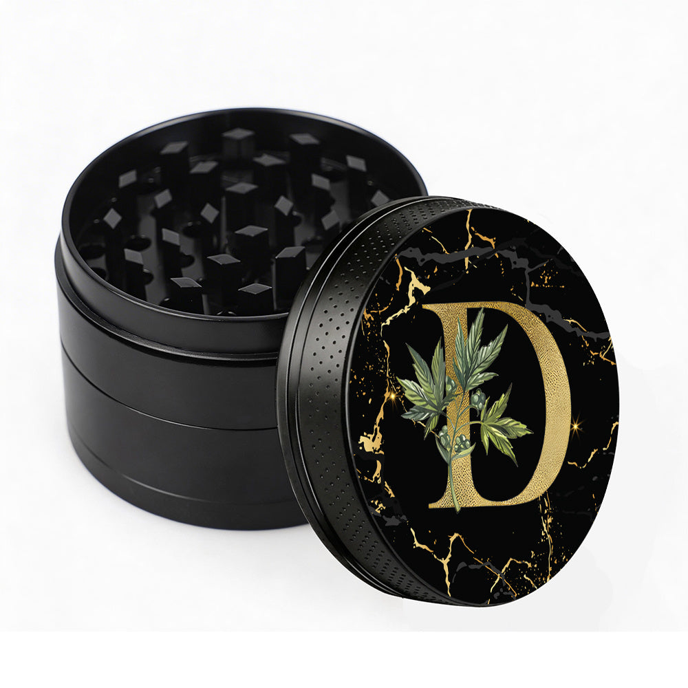 Manual Spice & Herb Grinder with Pollen Catcher - Personalized A-Z Initial Letter Metal Crusher, Portable 2 Inch Golden Marble Alphabet Design, Gift for Smokers & Herb Lovers (Black)