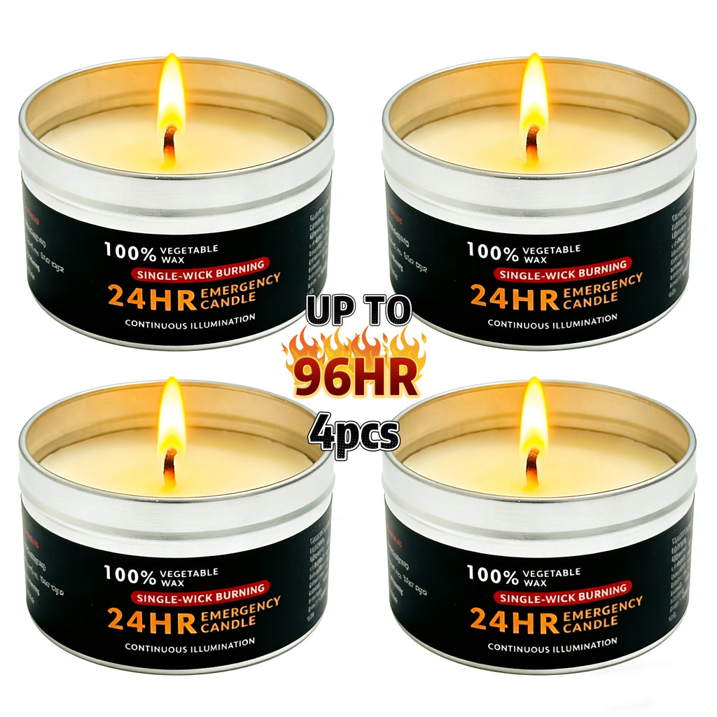 Unscented Soy Palm Wax Candles Set of 4 Metal Tin 96 Hour Burn Time – Long Lasting Candles for Camping Hiking Emergency Lighting Holiday Decor Christmas Halloween
