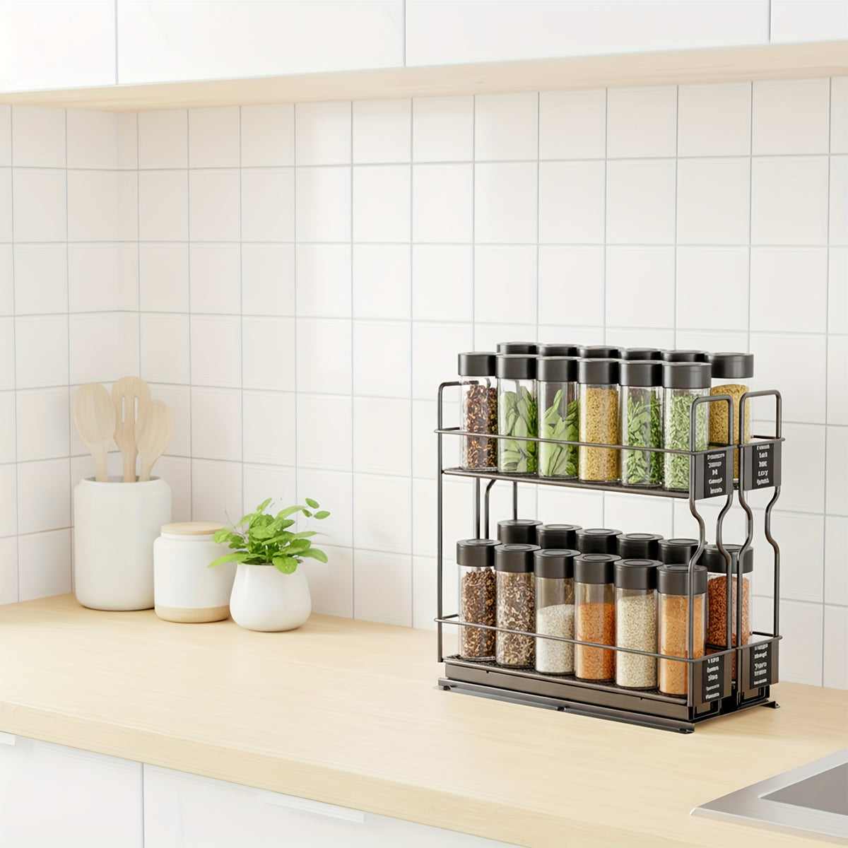 2-Tier Slide-Out Spice Rack Organizer for Cabinets with 415 Labels – Heavy Duty Steel, Ball Bearing Glides, 5.2"W x 10.75"D x 10"H, Easy Cabinet Installation, No Jars