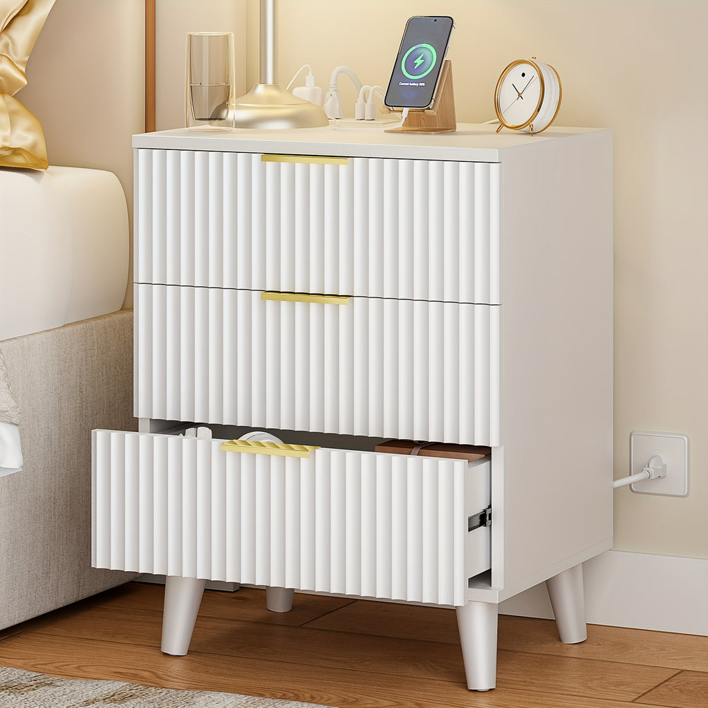 Nightstand with Charging Station – 3-Drawer Bedside Table with 2 USB Ports & 2 AC Outlets, Small Bedroom Side Table | Set of 1 or 2 | Wood, Black, White, Brown
