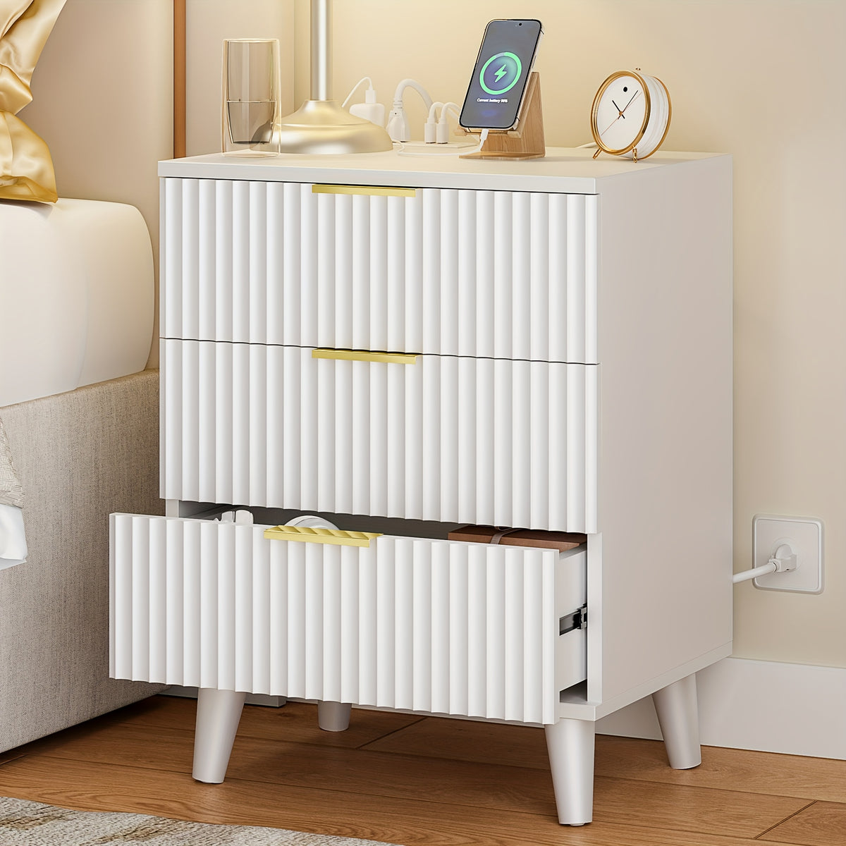 Nightstand with Charging Station – 3-Drawer Bedside Table with 2 USB Ports & 2 AC Outlets, Small Bedroom Side Table | Set of 1 or 2 | Wood, Black, White, Brown