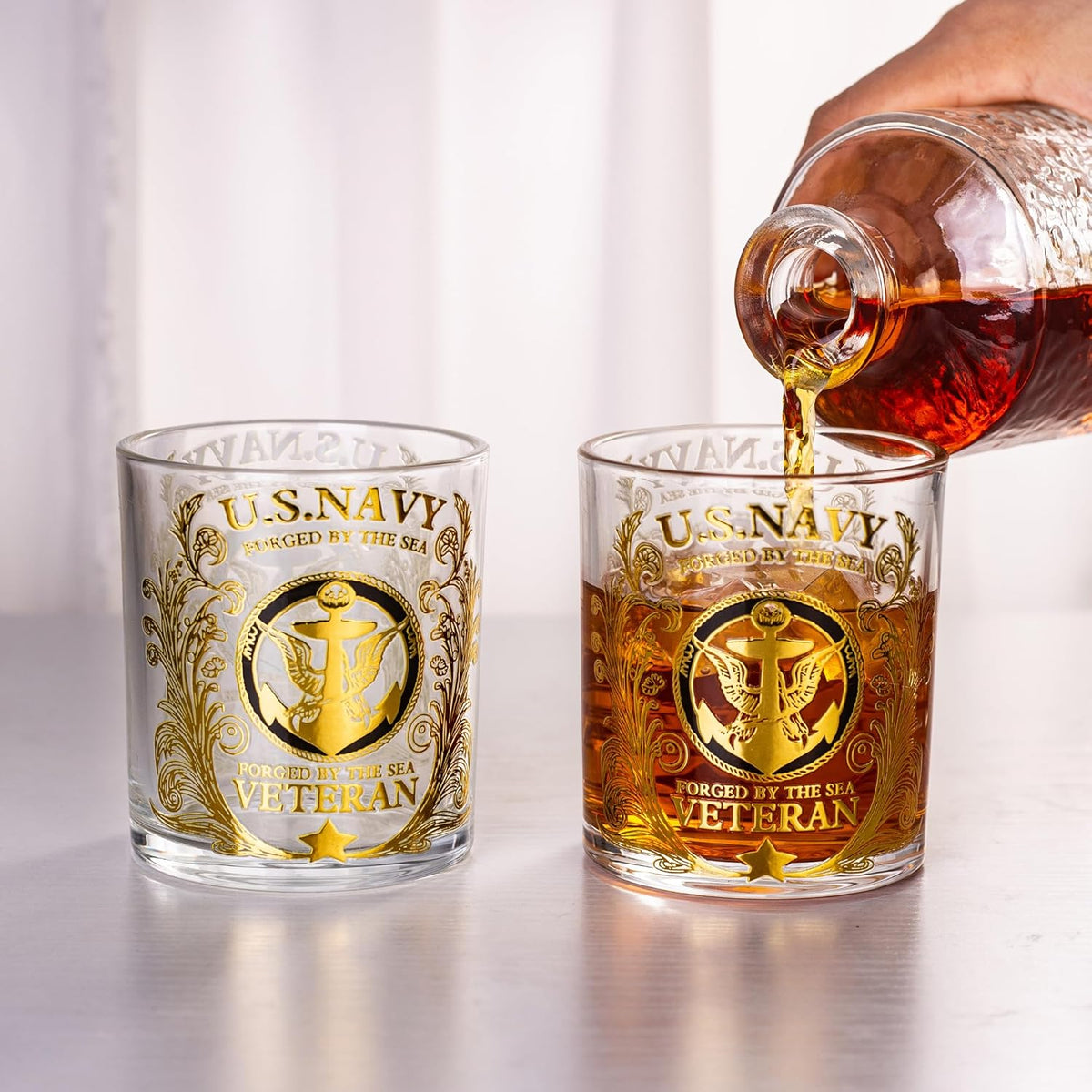 Veteran Tribute Whiskey Glass 10oz – Engraved US Navy Military Gift, Patriotic Personalized Whiskey Glass for Dad, Veteran & Anniversary