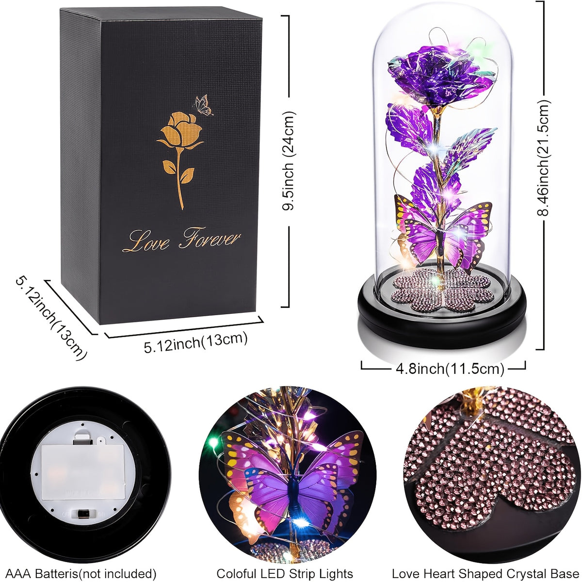 Galaxy Glass Rose Dome Eternal Crystal Flower with Butterfly LED Glow Night Light Gift for Mom Wife Sister Daughter Mother's Day Birthday Valentine's Day Purple