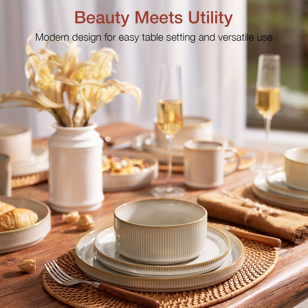 12-Piece Stoneware Dinnerware Set for 4 – Reactive Glaze Plates & Bowls, Lead-Free, Microwave & Dishwasher Safe, Raised Stripe Edge Design (Cappuccino White or Vanilla White)