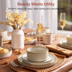 12-Piece Stoneware Dinnerware Set for 4 – Reactive Glaze Plates & Bowls, Lead-Free, Microwave & Dishwasher Safe, Raised Stripe Edge Design (Cappuccino White or Vanilla White)