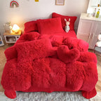 Plush Faux Fur Duvet Cover Set for Kids & Teens, 3/4 Pcs with Pillowcases & Heart Pillow, Super Soft Warm Faux Fur Comforter Cover, Machine Washable Lodge Style Bedding, Twin Queen King