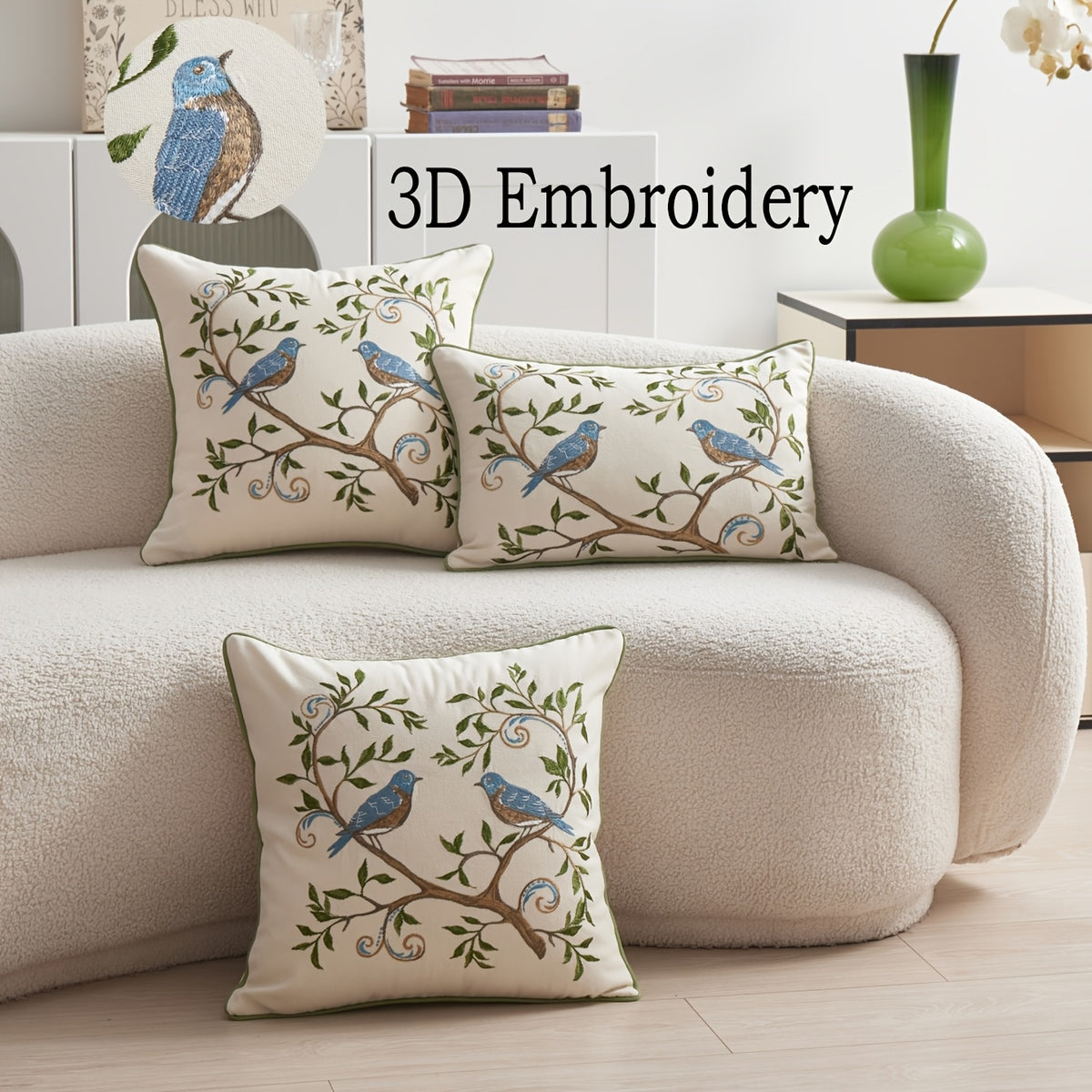 3D Embroidered Floral Bird Pillowcase – Colorful Spring Summer Decorative Cushion Cover for Sofa, Bedroom & Living Room, 2 Size Options, 1pc