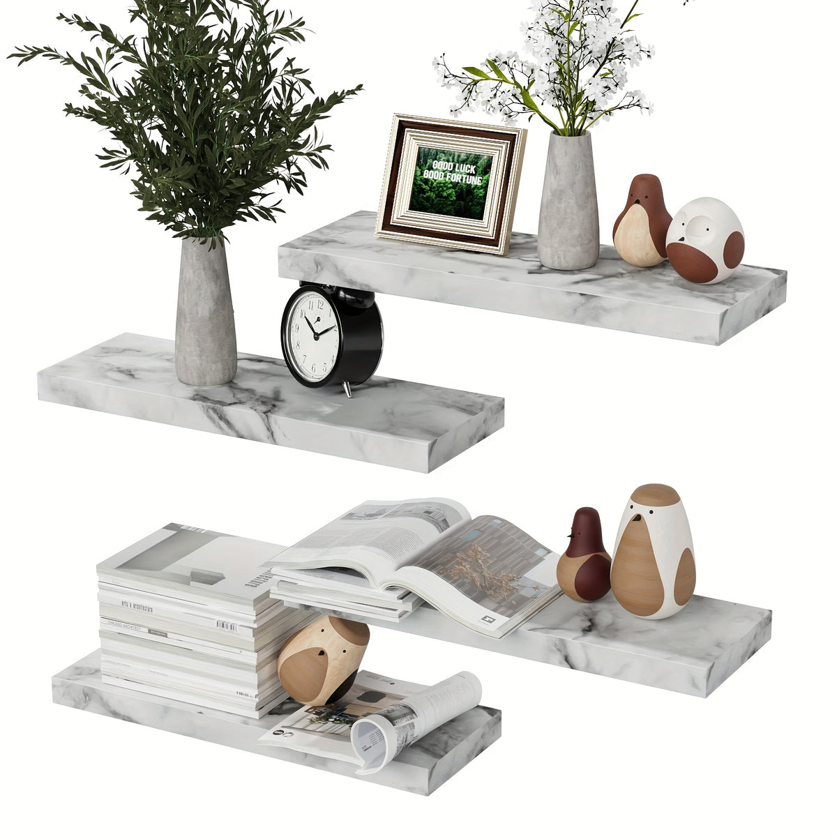 Floating Shelves Wall Mounted Set of 4 – Modern Wall Shelves with Invisible Brackets, Marble Surface Display Shelf for Bedroom, Bathroom, Kitchen & Living Room, Easy No-Drill Install