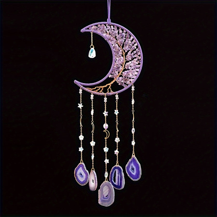 Amethyst Crystal Tree of Life Wall Hanging – Boho Crushed Stone Silk Moon Decor for Living Room, Bedroom & Nursery