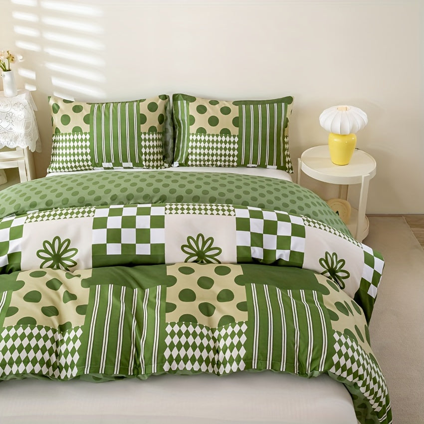 Green Geometric Duvet Cover Set 3 Piece Soft Microfiber with 2 Pillowcases Multiple Sizes Bedroom Decor Comforter Not Included