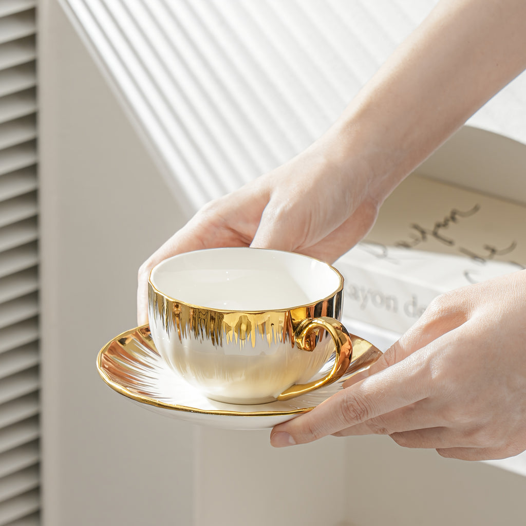 Ceramic Coffee Cup and Saucer Set of 6 – European Light Luxury 8.45oz Porcelain Tea Cups with Plates | Elegant Dinnerware for Home, Wedding & Holiday Gifting