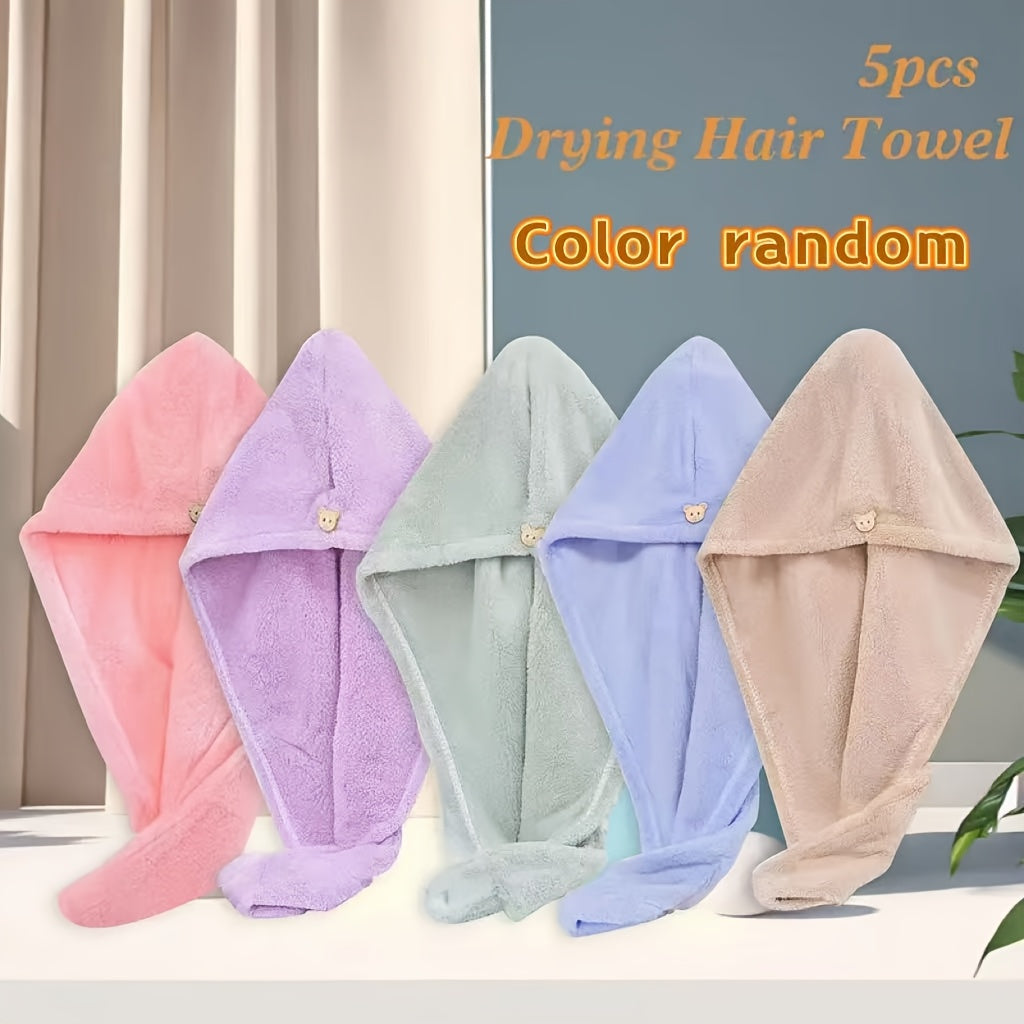 Microfiber Hair Towels 5pcs – Quick-Dry Super Absorbent Coral Velvet Drying Caps | Soft Lightweight Odorless Hair Wrap for Bathroom | Random Colors