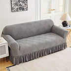 Jacquard Fleece Sofa Slipcover Ruffle Skirt High Stretch Full Coverage Non-Slip Machine Washable Pet-Friendly Couch Cover Single 2 4 Seater Living Room Bedroom Office Grey
