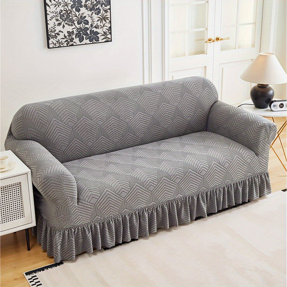 Jacquard Fleece Sofa Slipcover Ruffle Skirt High Stretch Full Coverage Non-Slip Machine Washable Pet-Friendly Couch Cover Single 2 4 Seater Living Room Bedroom Office Grey