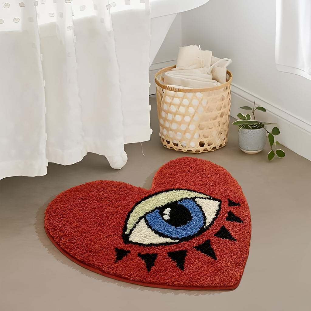 Heart Shaped Plush Bathroom Mat with Eye Pattern - Non-Slip Absorbent Irregular Bath Rug, 20.47" x 24.4", Decorative Bathtub Foot Pad for Valentine's Day, Bedroom & Home Decor