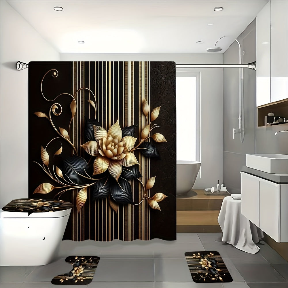 Black Gold Floral Shower Curtain Set 4 Piece with Hooks Anti-Slip Bath Rug Toilet Lid Cover & U-Shaped Mat – 71x71 Inch Luxury Bathroom Decor