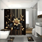 Black Gold Floral Shower Curtain Set 4 Piece with Hooks Anti-Slip Bath Rug Toilet Lid Cover & U-Shaped Mat – 71x71 Inch Luxury Bathroom Decor