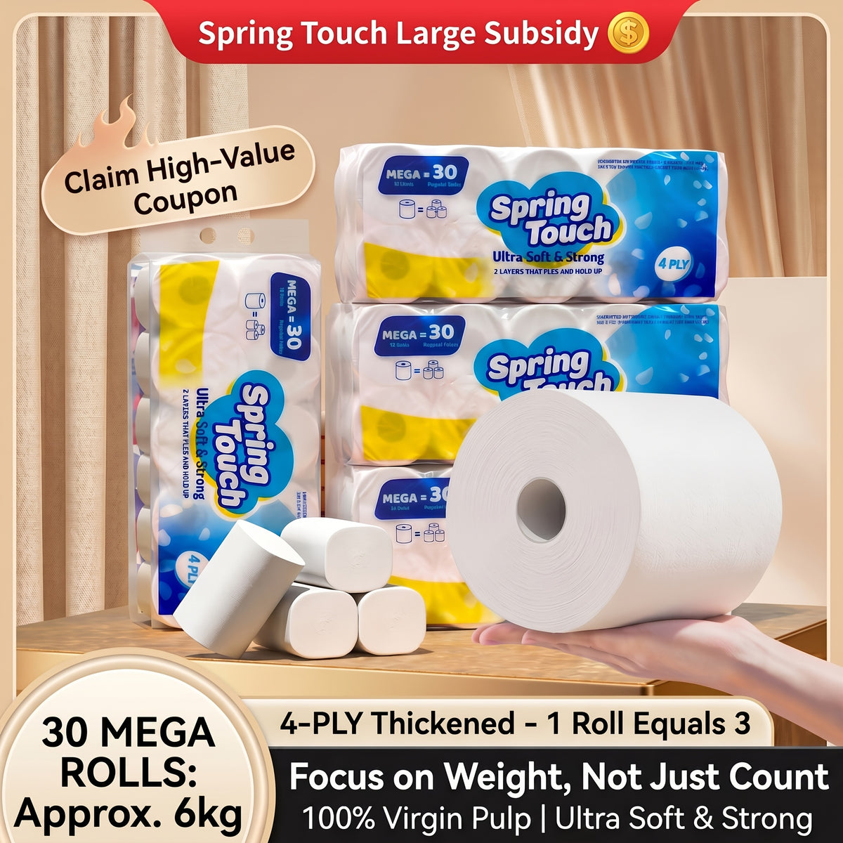 4-Ply Ultra-Soft Toilet Paper Bulk Rolls - Virgin Wood Pulp, Thick & Strong, No Flakes, Gentle on Skin, 10 / 20 / 30 Roll Packs for Home, Office & Hotel Bathrooms
