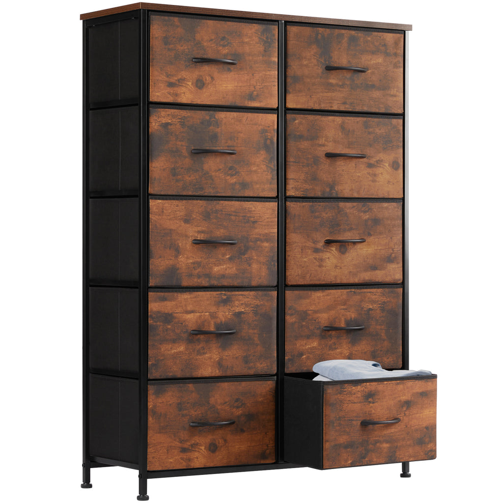10-Drawer Fabric Storage Cabinet with Hardwood Tabletop | Dresser Organizer for Clothing Bags & Accessories | Black White Rust Gray