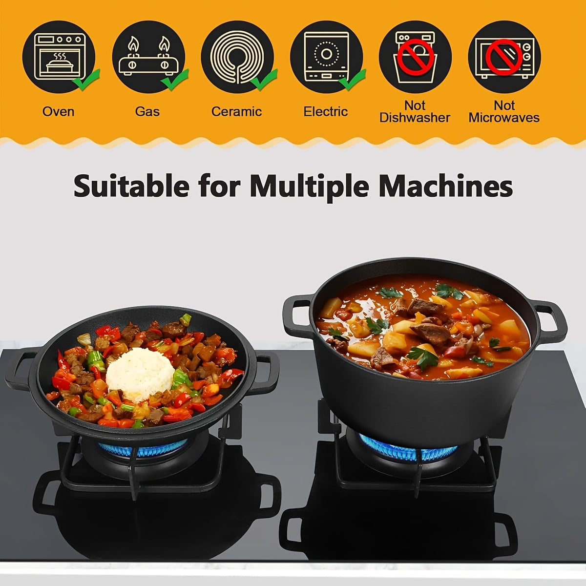 Cast Iron Dutch Oven Set 2-in-1 5.1QT Dutch Oven and 1.9QT Skillet Lid with Accessories Induction Oven Campfire Safe Holiday Cooking Kit for Soups Stews Baking Frying Camping BBQ