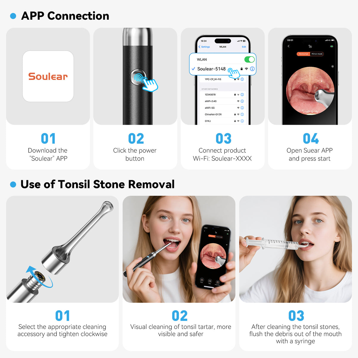 Tonsil Stone Remover with 1080P HD Camera - Visual Removal Kit 6 LED Lights 5 Stainless Tips USB Rechargeable iOS Android App Oral Care Tool