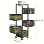 Rolling Kitchen Cart 5 Tier 360° Rotating Storage Organizer, Extra Large Standing Shelf with Locking Wheels & Removable Baskets for Pantry, Living Room & Office, Square Black